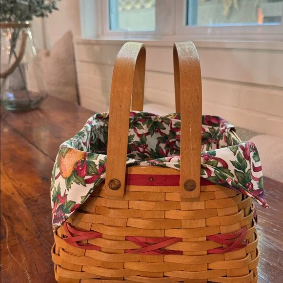 Longaberger Basket with Floral Liner and Wooden Handle - Picture 7 of 10